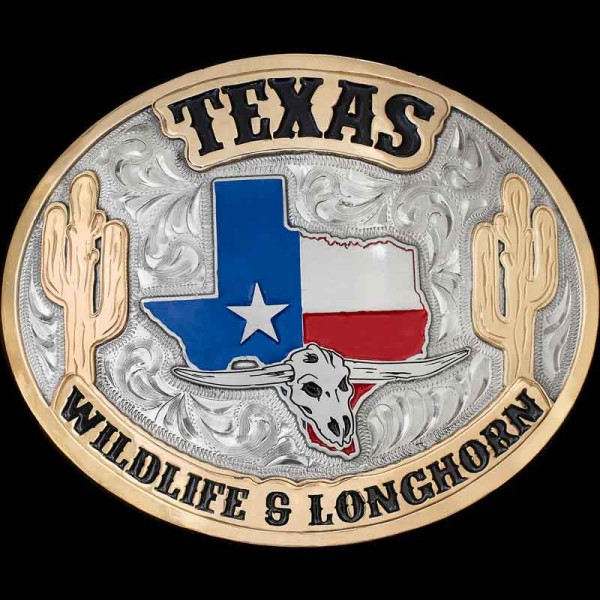 "Everything's Bigger in Texas! Our Wimberley Belt Buckle is crafted on a hand-engraved, German Silver base with a natural finish. It's detailed with intricate Jeweler's Bronze elements including the Banner on the bottom, a straight edge and Cactus el